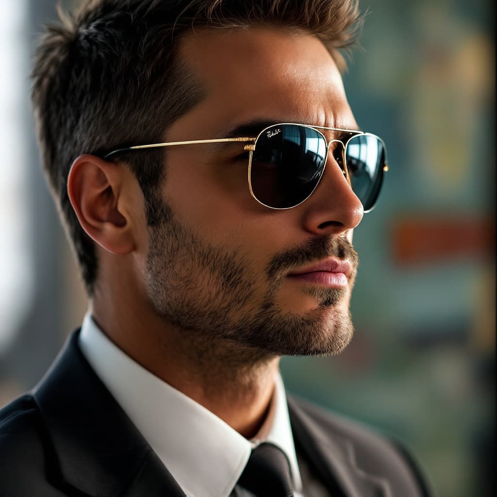 AI generated: High resolution photography in a extremelly realistic design.
A business man with suit and a rayban ...
