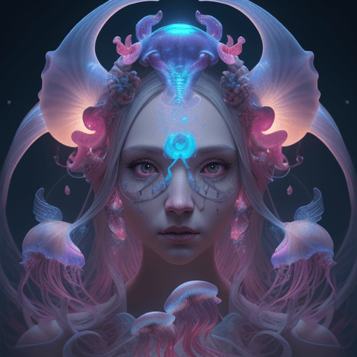 AI generated: Goddess close-up portrait ribcagel. jellyfish phoenix head, nautilus, orchid, skull, betta fish, bio...