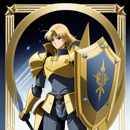 AI generated: illustration of The Five Star Stories KNIGHT OF GOLD, with shield and weapon, in the style of Nagano...