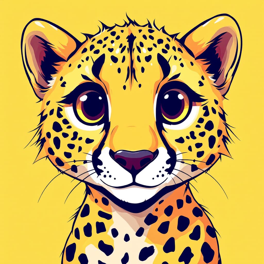 AI generated: illustration, vector cartoon-style, cute cheetah's face, zoom in, expressive eyes and a playful deme...