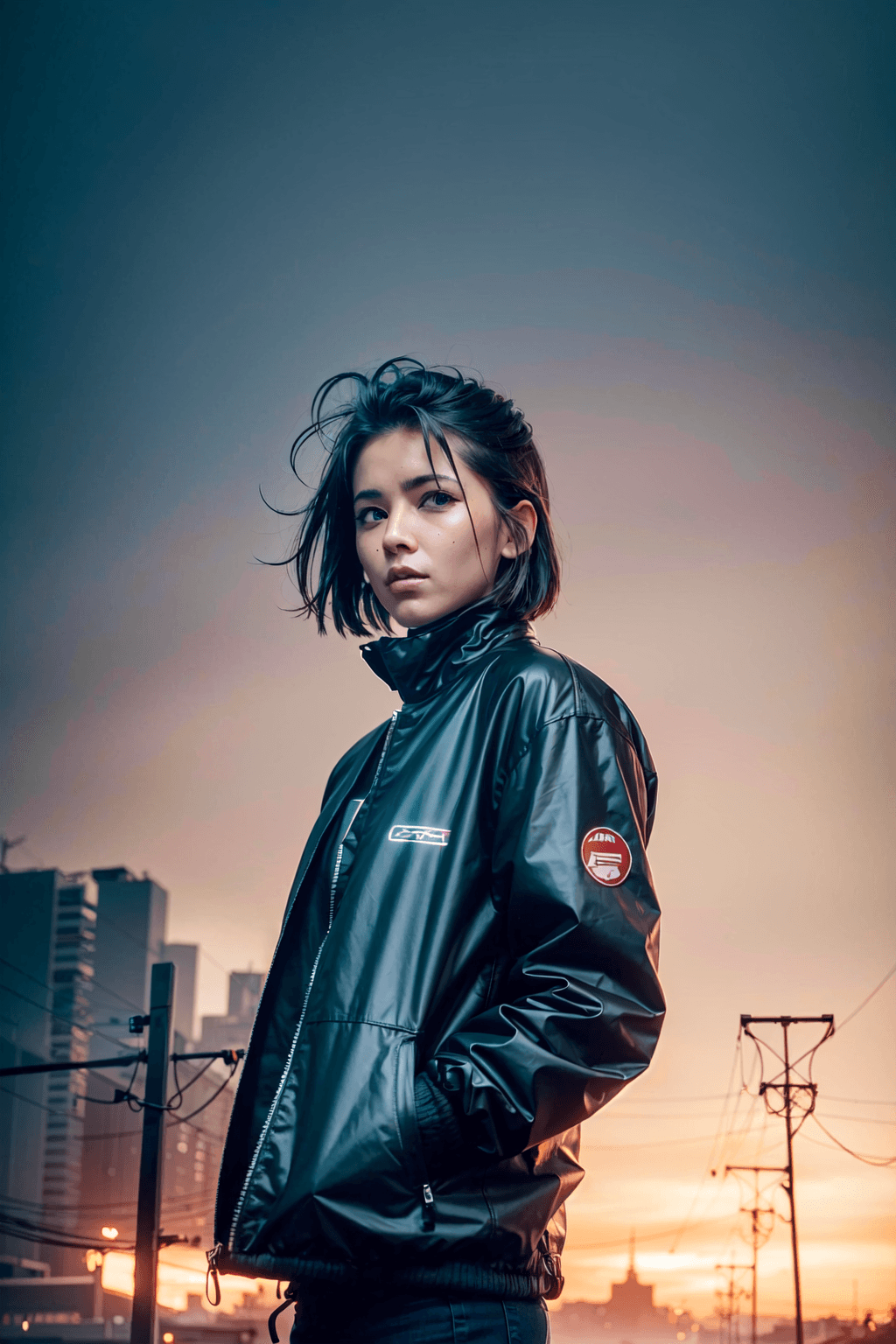 AI generated: a detailed portrait of European Pretty Young Girl Storm Rain movie Jacket coat, Futuristic sci-fi fa...