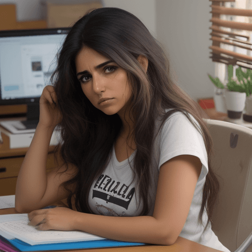 AI generated: mujer de piel morena, cabello risado, estatura  media, un poco robusta, estresada del trabajo, fondo...