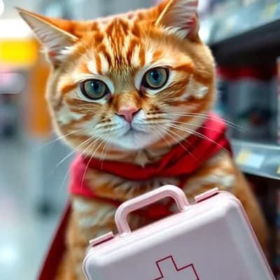 AI generated video: Cat takes first aid kit out from shelf 