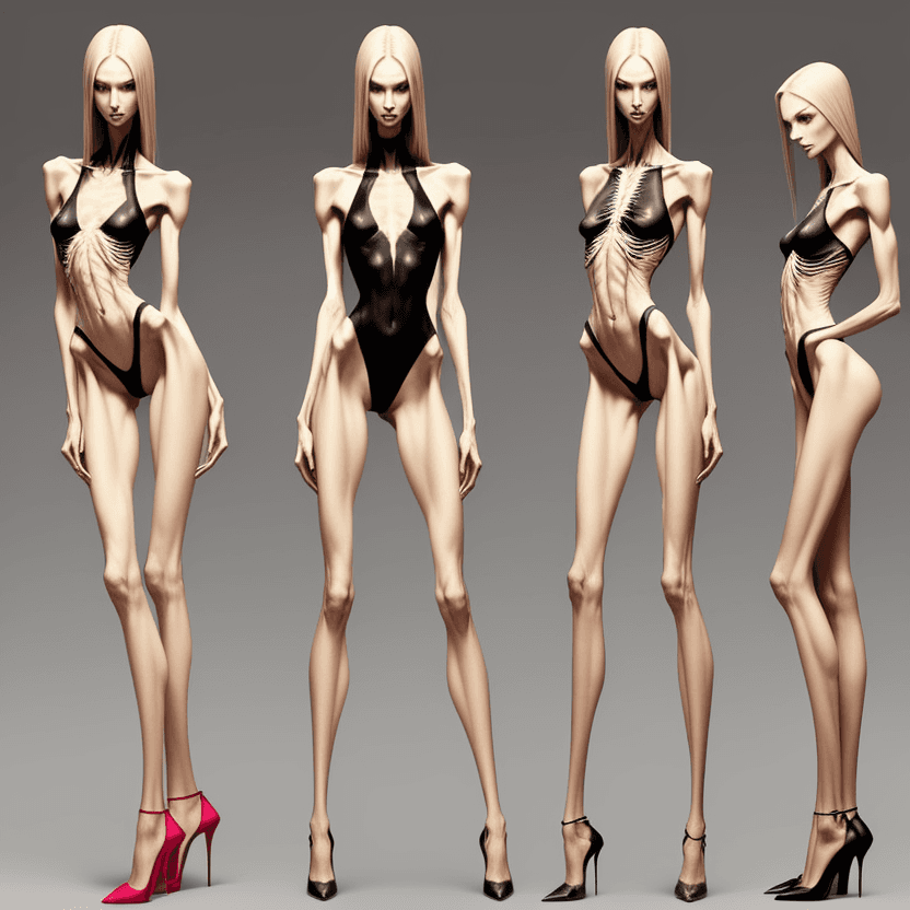 AI generated: photo of very tall an extremely skinny, flat-chested female slender (almost skeleton) bodybuilders w...