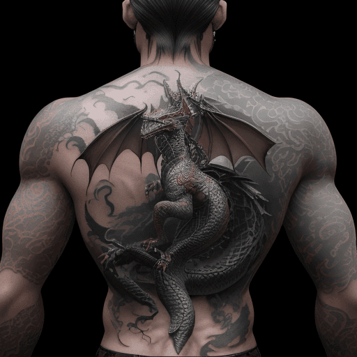 AI generated: A tattoo on the back of a man, of a dragon around on a sword, 3D fantasy style, ultra realistic
