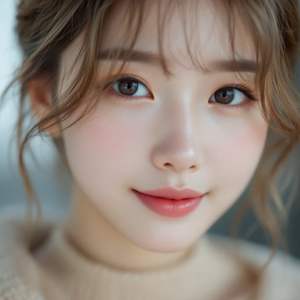 AI generated: extremely close up portrait, 18 years old Korean girl, the Hime cut blonde hair, pink lips, smiling ...