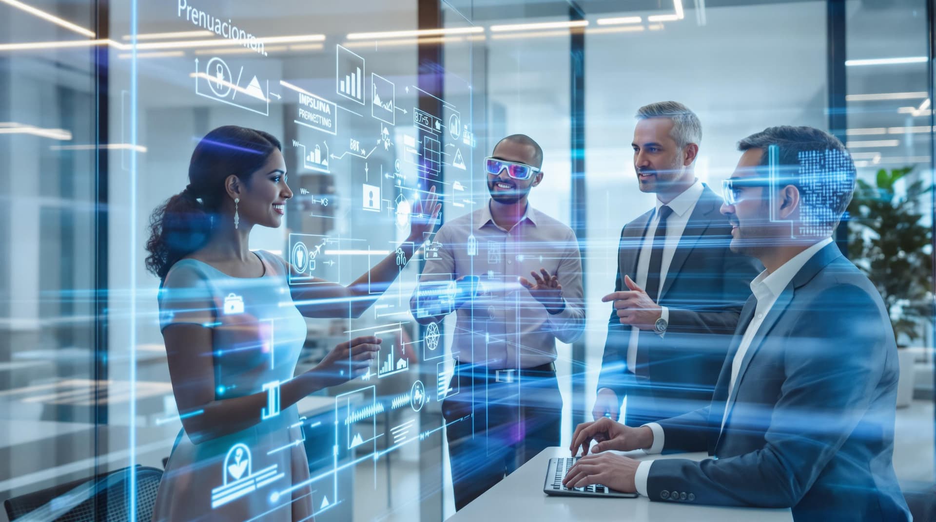 AI generated: /imagine prompt: Diverse professional team in modern office, 35-year-old Indian woman presenting on ...