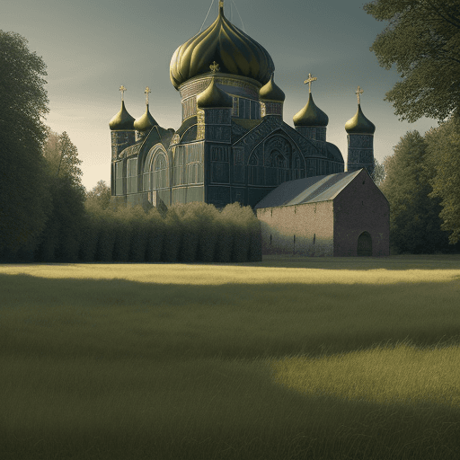 AI generated: On the same background green field joyfully lit with sunlight place 2 medieval churches:  a typical ...