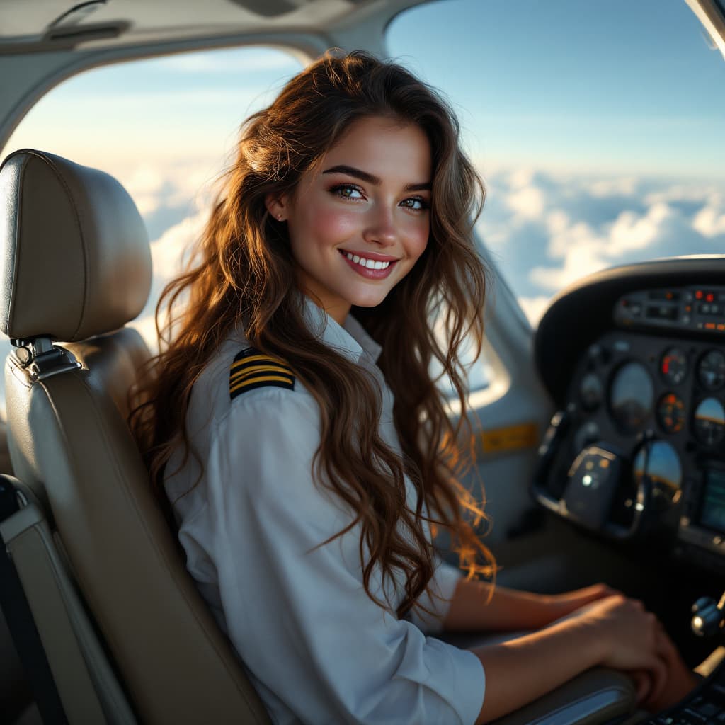 AI generated: girl,  alone, happy, wavy hair, long locks, beautiful brown hair, airplane pilot, plane, front of pl...