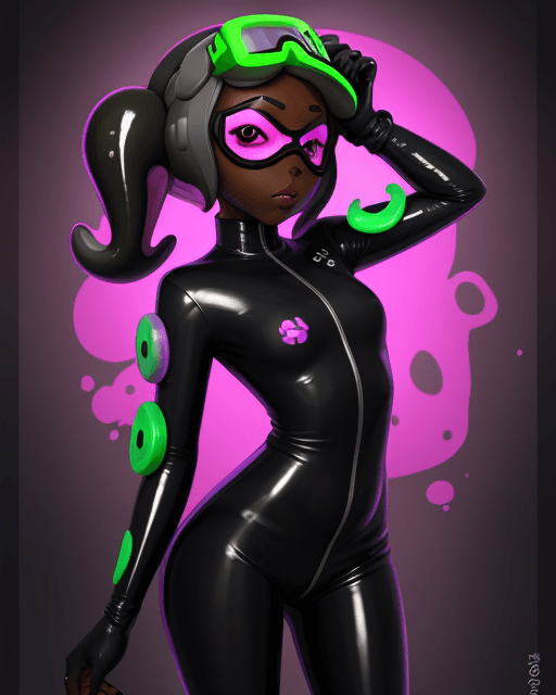 AI generated: splatoon, octoling, dark skin, latex suit, mindless, drone, visor, hypnotized, large chest