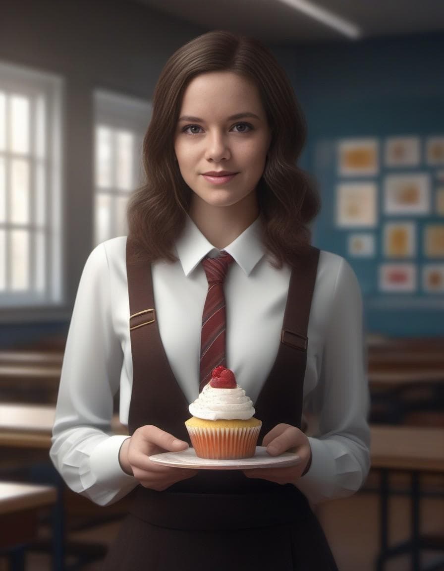 AI generated: a girl, wearing a tie, cupcake in her hands, school, indoors, sooting tones, hdr, artstation, dramat...