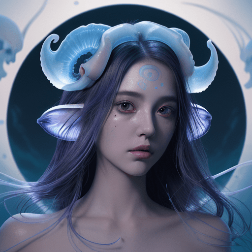 AI generated: Goddess close-up portrait ribcagel. jellyfish phoenix head, nautilus, orchid, skull, betta fish, bio...