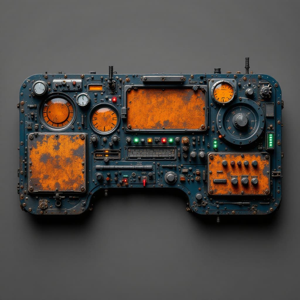AI generated: The entire image size takes up a dashboard made of dark blue, rusty and scratched metal, divided int...