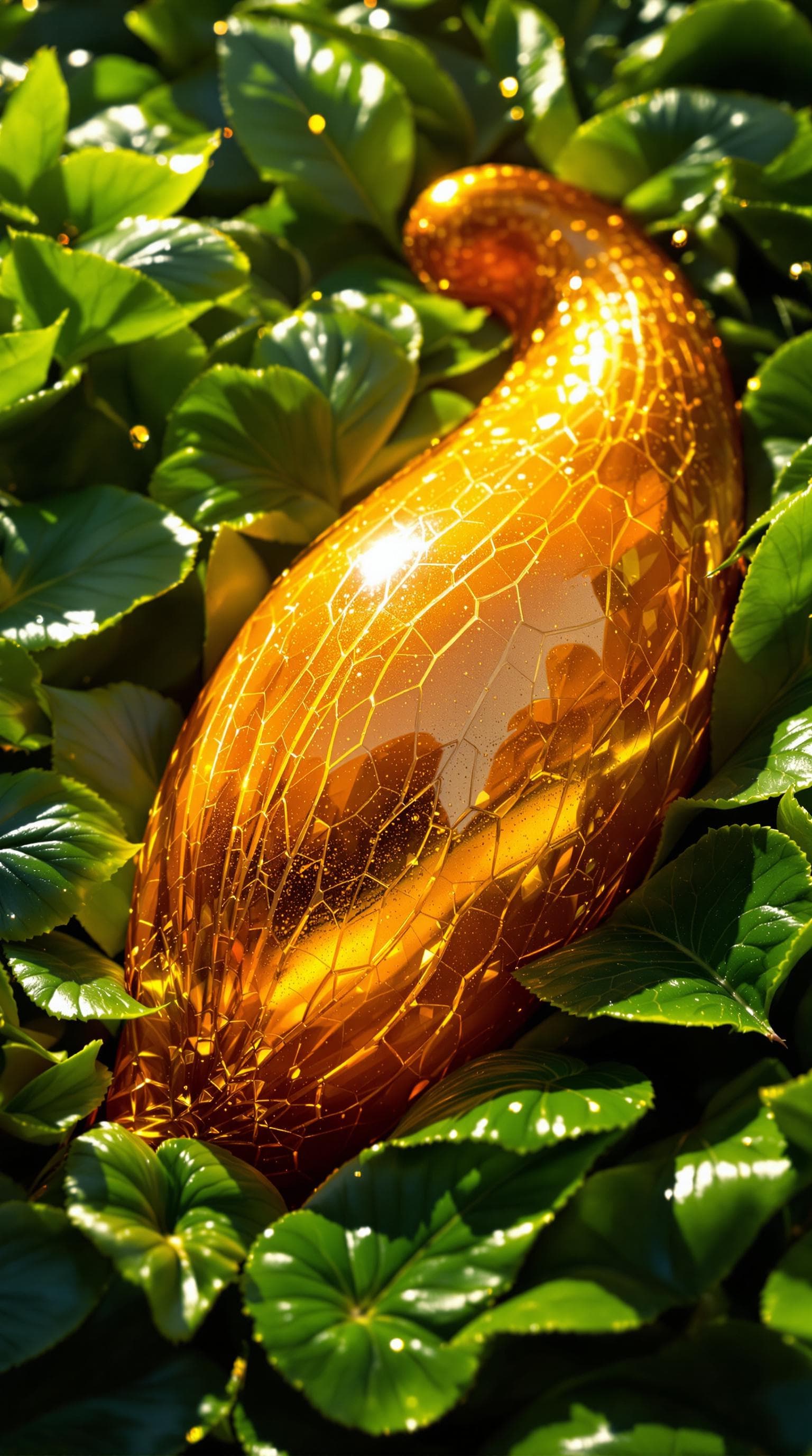 AI generated: "A hyper-realistic, golden-orange with a metallic sheen, resting on a bed of lush green leaves, with...
