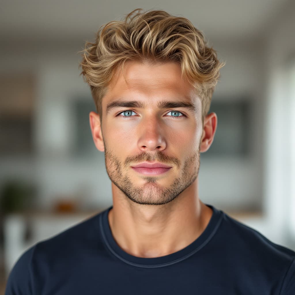 AI generated: Studio-quality head-and-shoulders photo of a 25-year-old strong blonde American man, short wavy hair...