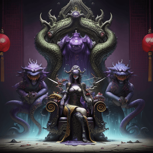 AI generated: wet shirt (see through)  Smiling Dark Puppet Surrounded By Monsters, Orochi, colorful masterpiece, 1...