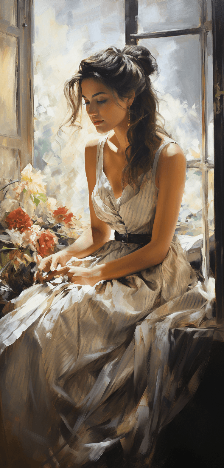 AI generated: a masterpiece oil painting of a beautiful woman sitting by a window, in the style of richly detailed...