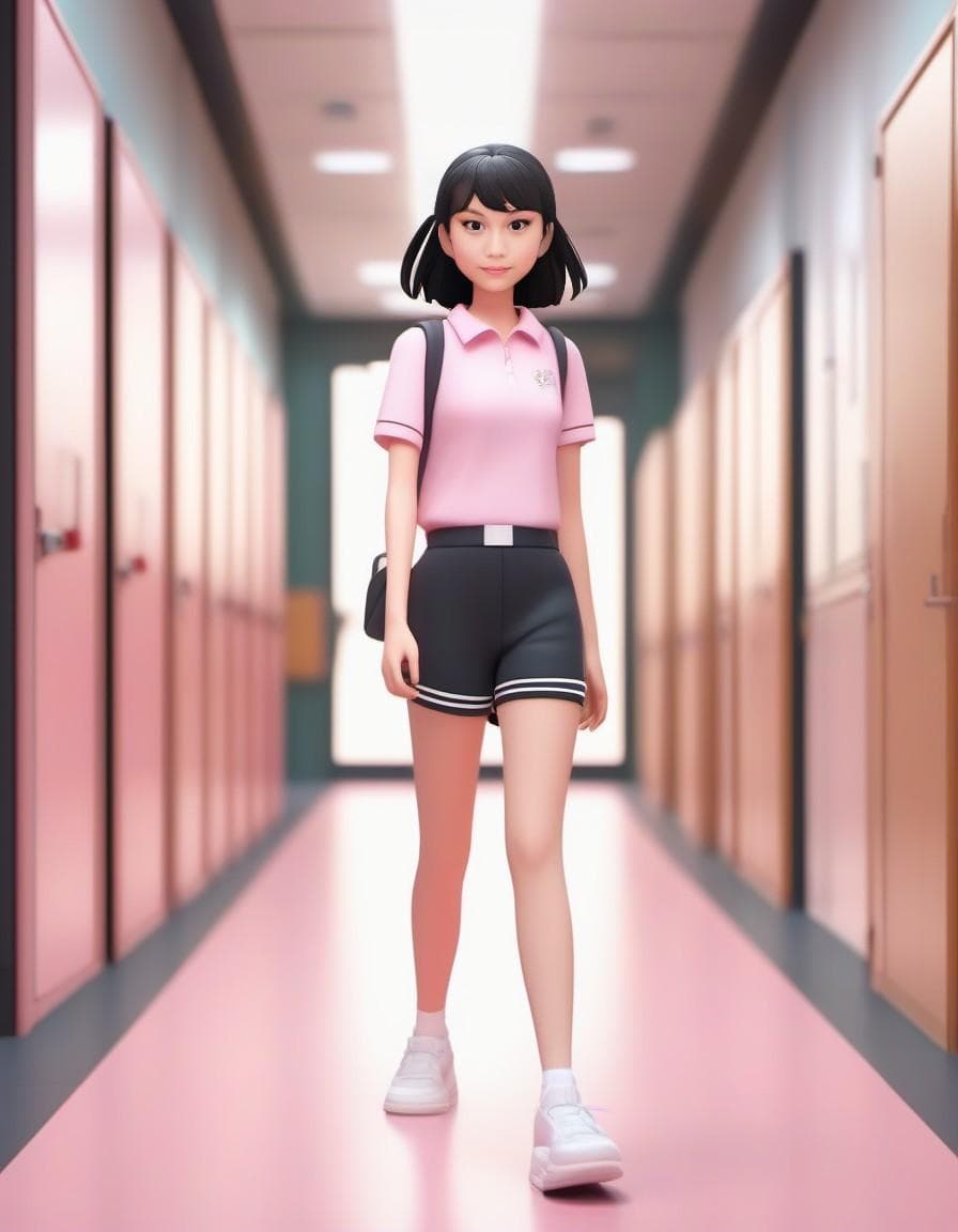 AI generated: 3d anime, pixar, disney, young girl wearing pink shirt and black short pant and white sneaker, walki...
