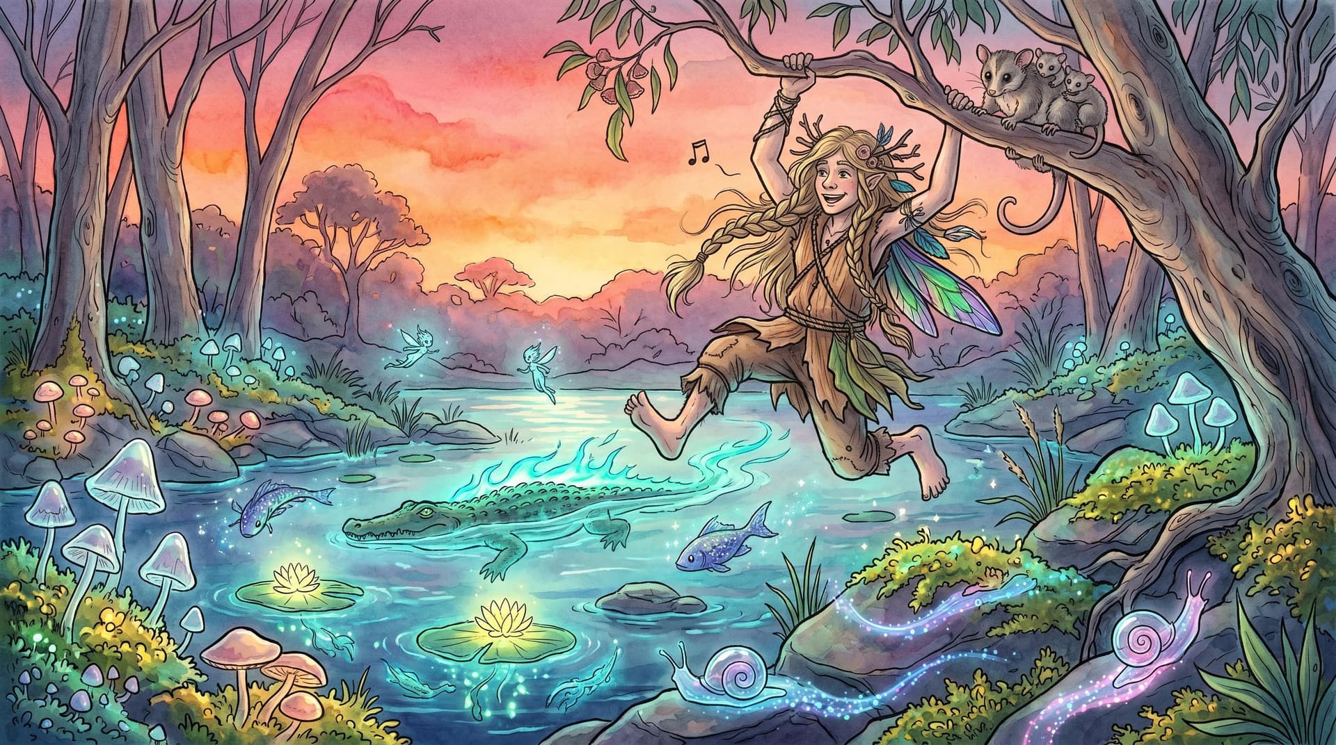 AI generated: In a surreal, whimsical world where Aussiecore DreamtimeFunk meets WyldeFey elemental aesthetics, a ...