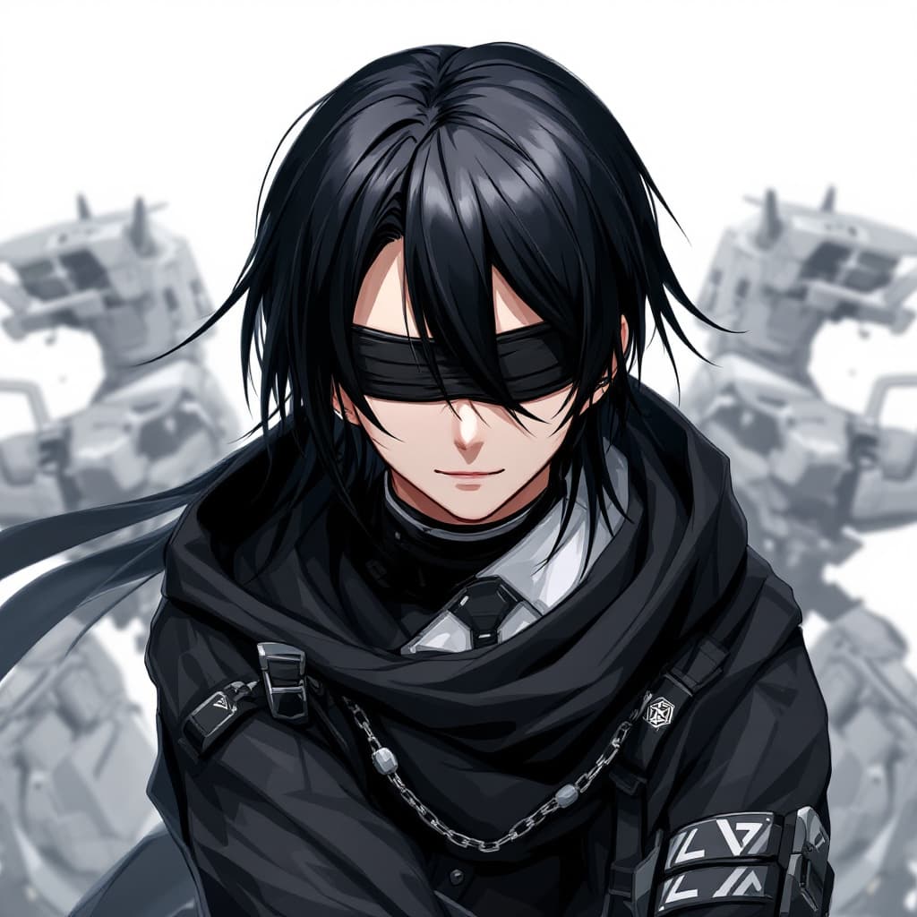AI generated: YoRHa No.2 Type B, NieR:Automata, A little younger boy 17years (black long hair, black combat unifor...