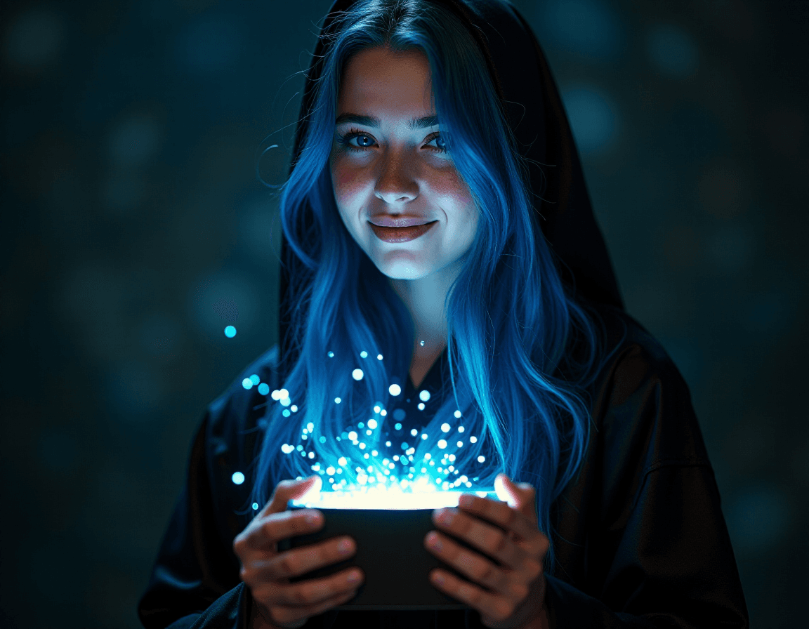 AI generated: extremely beautiful, highly detailed, dark background, young lady 19 years old, long blue hair, frec...