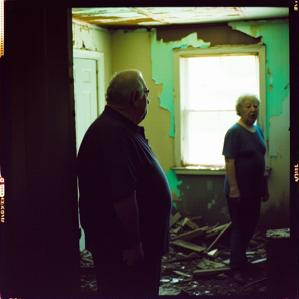 AI generated: grainy 80's photograph quality polaroid really creepy old people caught in an abandoned house, dark,...