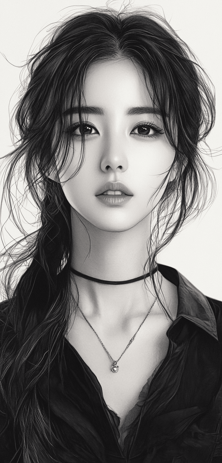 AI generated: Realistic Black and white sketch of a beautiful Korean woman, white background --ar 61:128 --stylize...
