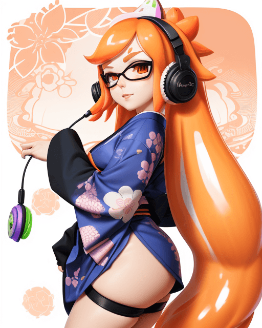 AI generated: inkling goddess, splatoon, kitsune, big fluffy tails, thick thighs, in a kimono, headphones
