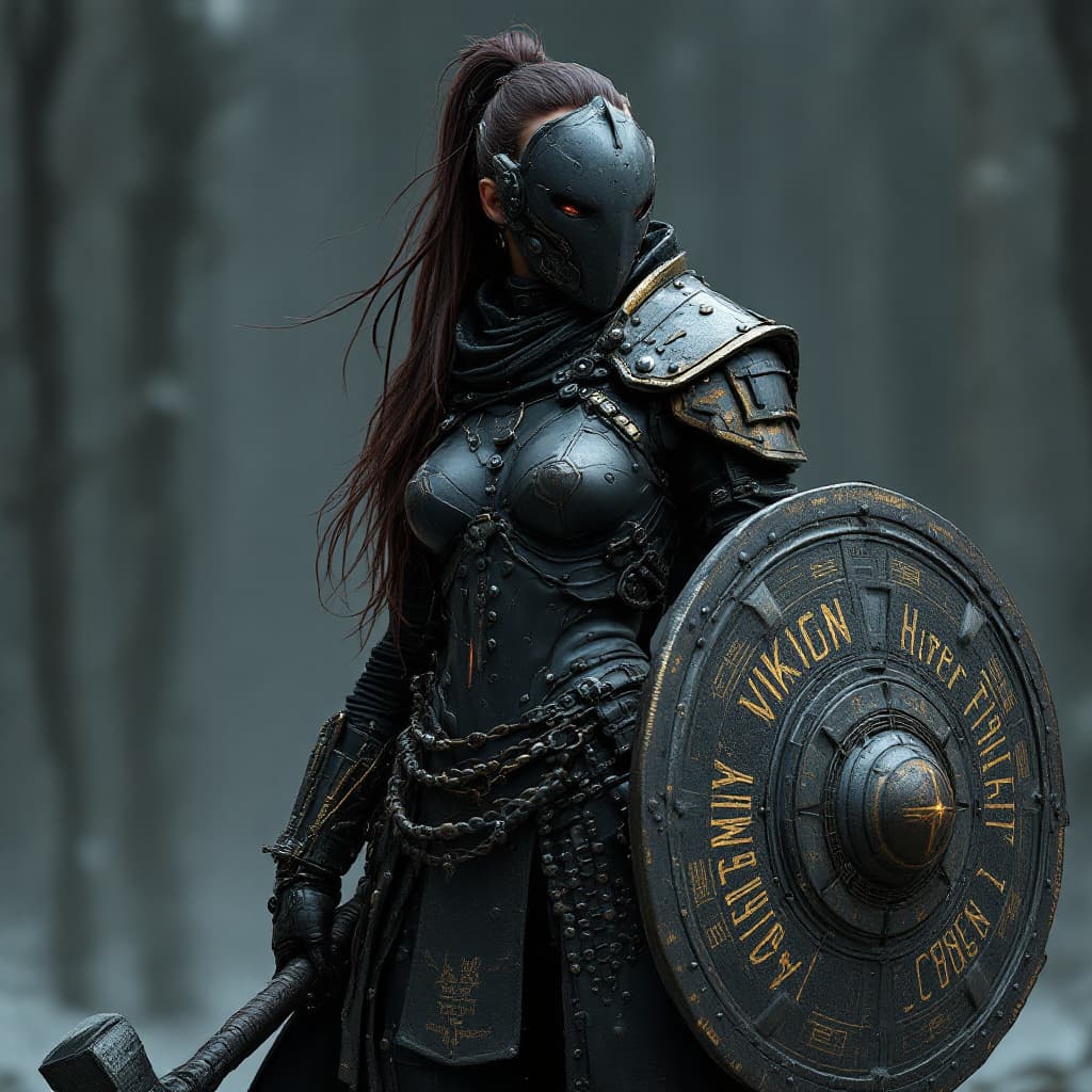 AI generated: 3d render, a women wearing Norwegian warrior  heart High-tech yet damaged samura armor, cybernetic, ...