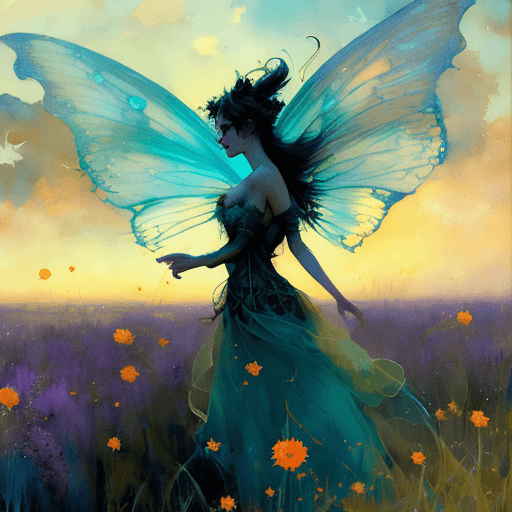 AI generated: dark art; a fairy standing in a field; in the style of steampunk fairytale, ethereal, light yellow a...