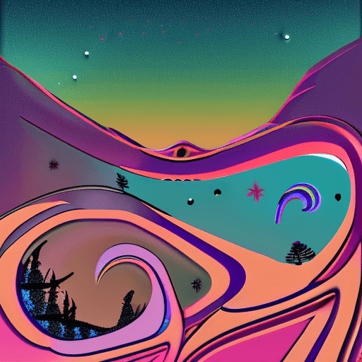 AI generated: an evening sky with stars and trees behind it, in the style of intricate psychedelic landscapes, mar...