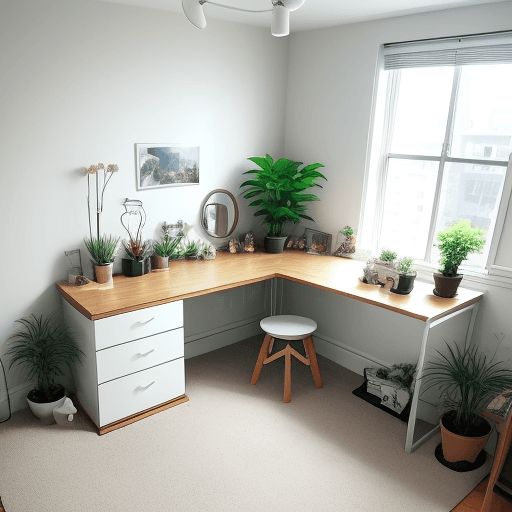 AI generated: Apartment bedroom, room full of hobbies, one bed, warm light, plants, mirror cube table, fish tank, ...