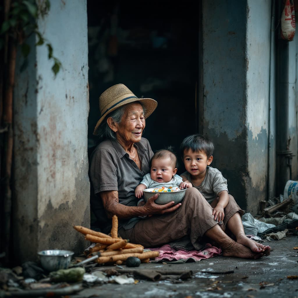 AI generated: An old, weathered faced, Thai woman, with her baby in her arms crying and another young child with n...