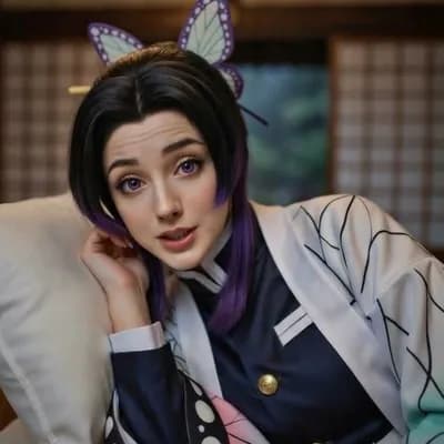 AI generated video: "POV em primeira pessoa: forte e bonita shinobu kocho de demon slayer carrega uma missão em seu cora...