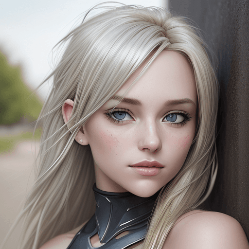 AI generated: a young attractive woman with blonde hair leaning on a rusty wall, in the style of exaggerated facia...