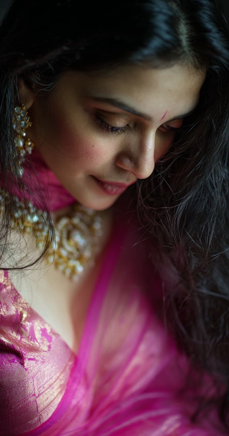AI generated: A plus curvy, vulpturous breathtakingly beautiful indian woman, with long black hair, wearing a pink...