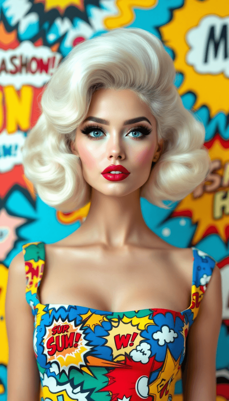 AI generated: A bold woman with platinum blonde hair, styled into a voluminous bouffant. Her eyes are large and br...