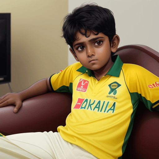 AI generated: A boy watching cricket match while sitting on sofa on his tv with yellow jersey with name Ramkrish j...