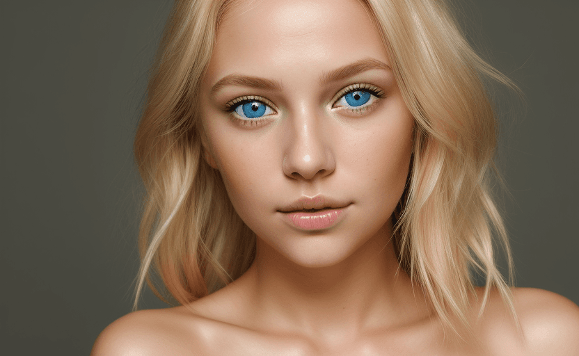 AI generated: close up beauty shot of young blonde woman with wild cropped blonde hair, head tilt, hand on cheek w...