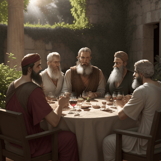 AI generated: Photo of a table in a lush garden with 5 philosophers (Plato, Epicurus, Epictetus, Aristotle, and Di...