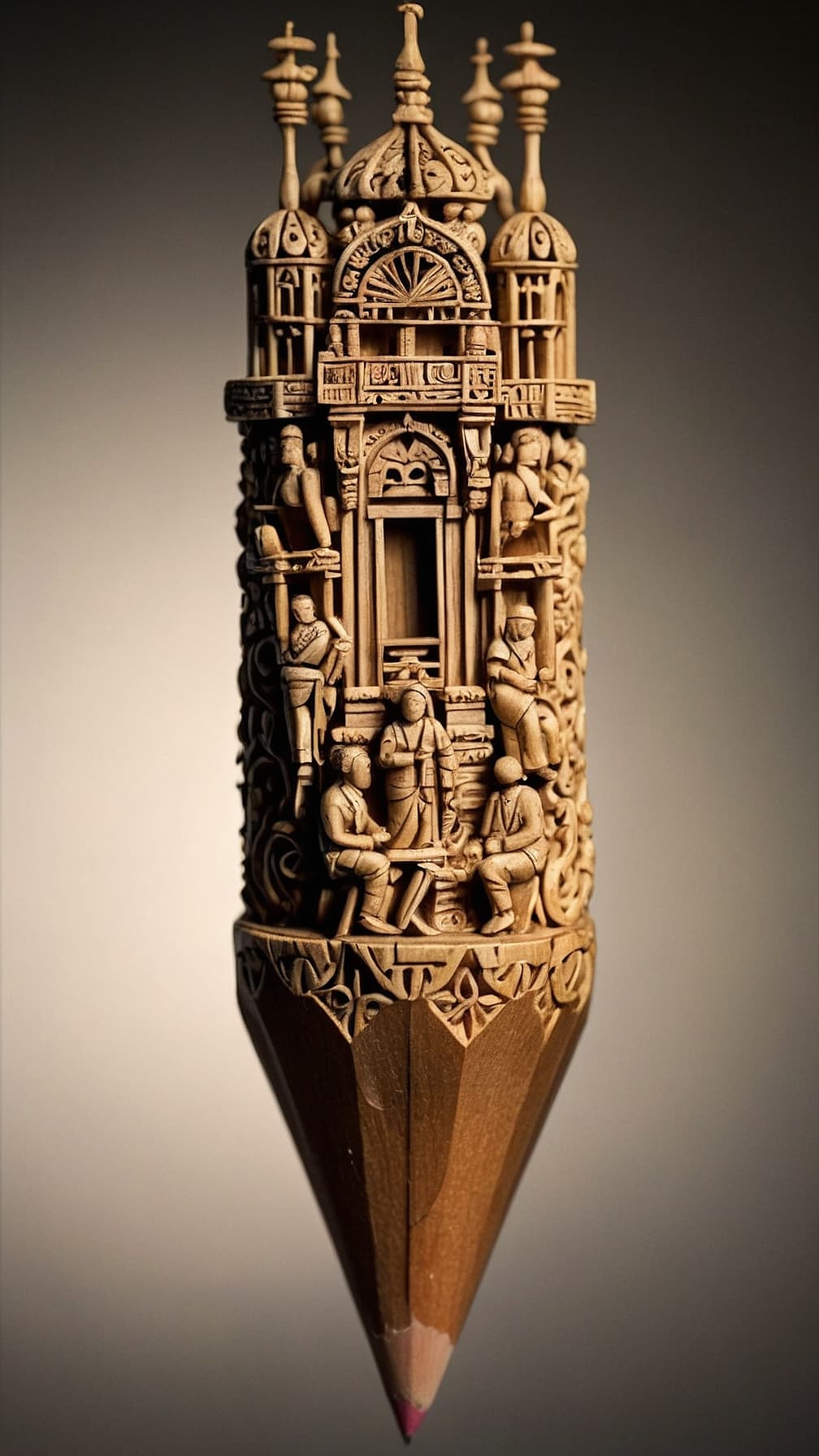 AI generated: This image depicts an intricate and highly detailed sculpture carved into the body of a pencil. The ...