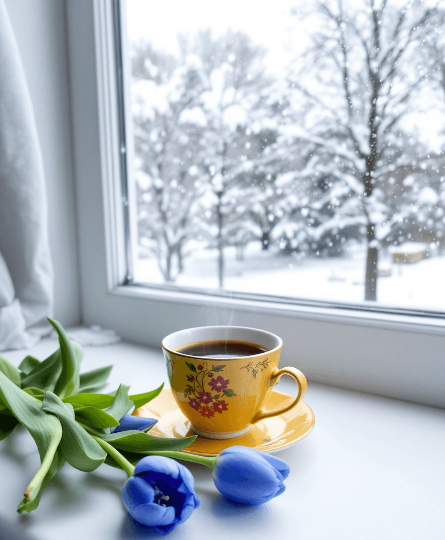 AI generated: There was a cup of coffee in a yellow embroidered porcelain cup on the windowsill, a bunch of lily o...
