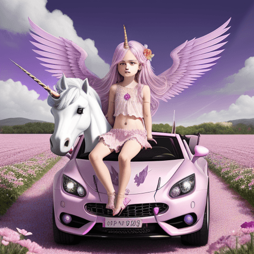 AI generated: An unicorn with 6 eyes, purple wings, red polished nails, long silver hairs. Driving a pink cabrio c...