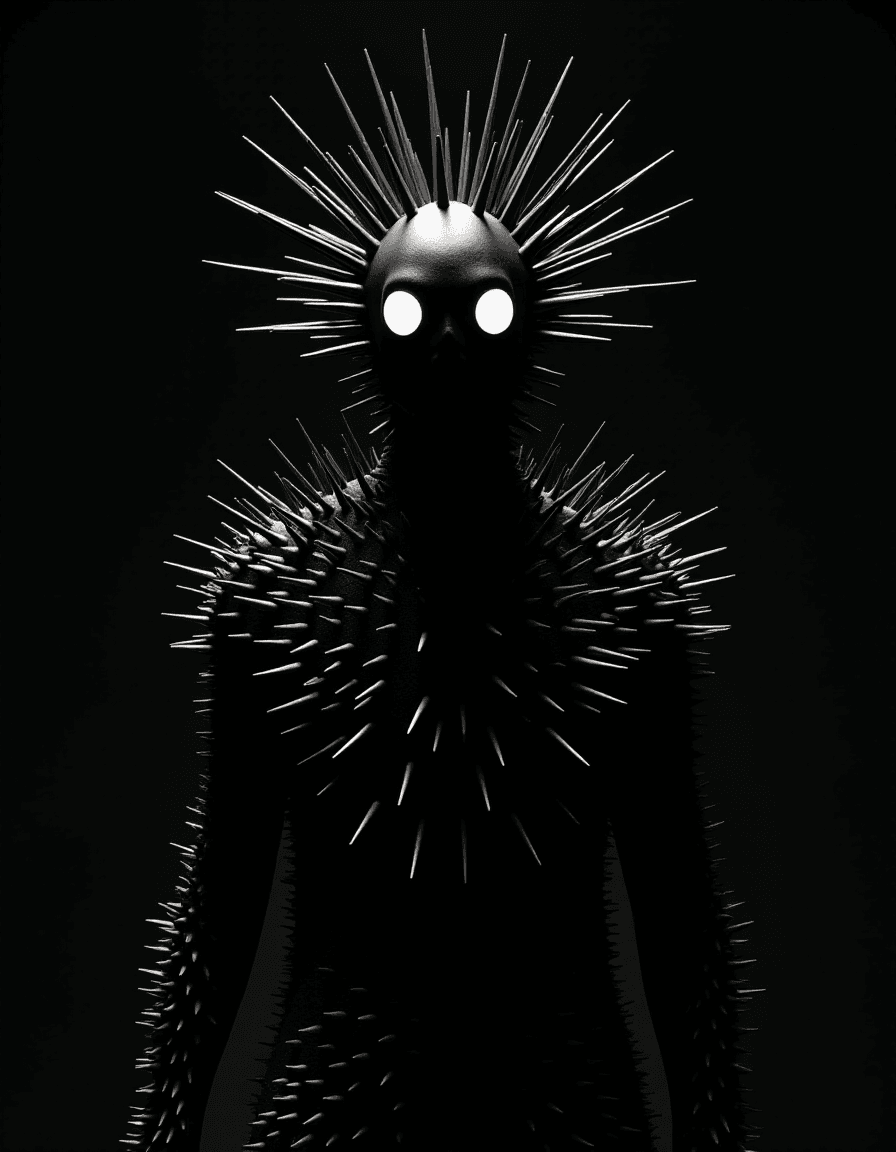 AI generated: Surrealistic portrait of a spiky creature, black and white photograph. The main subject is a humanoi...