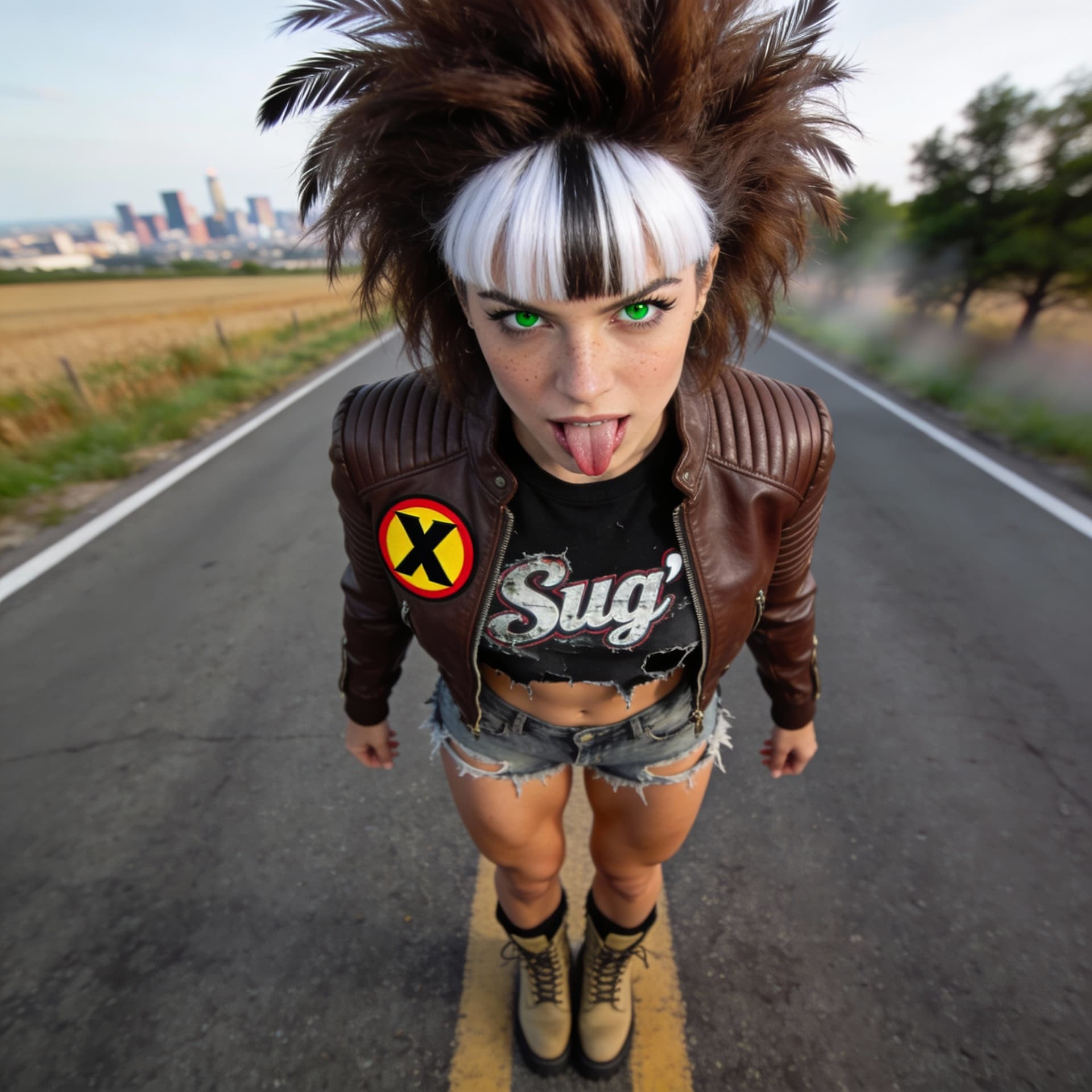 AI generated: A real life Rogue from X-Men, she should have a highly stylized, voluminous 80s-inspired feathered h...