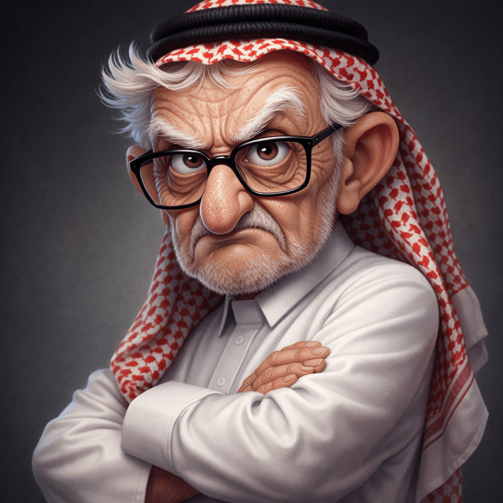 AI generated: Expressive caricature in pixar style unreal charming seemingly mischievous irritated very old man wi...