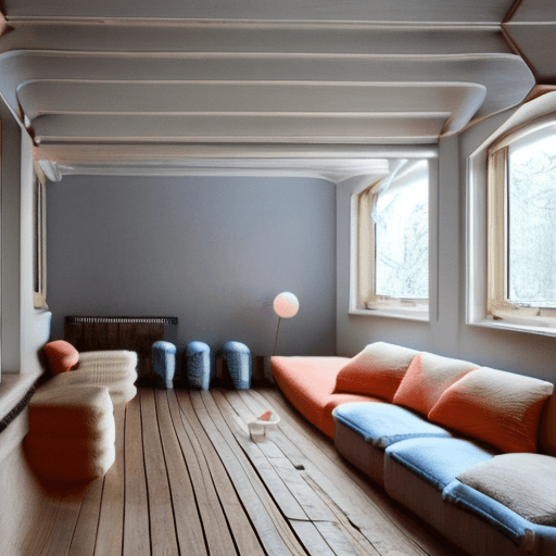 AI generated: High resolution photography interior design, dreamy sunken living room conversation pit, wooden floo...