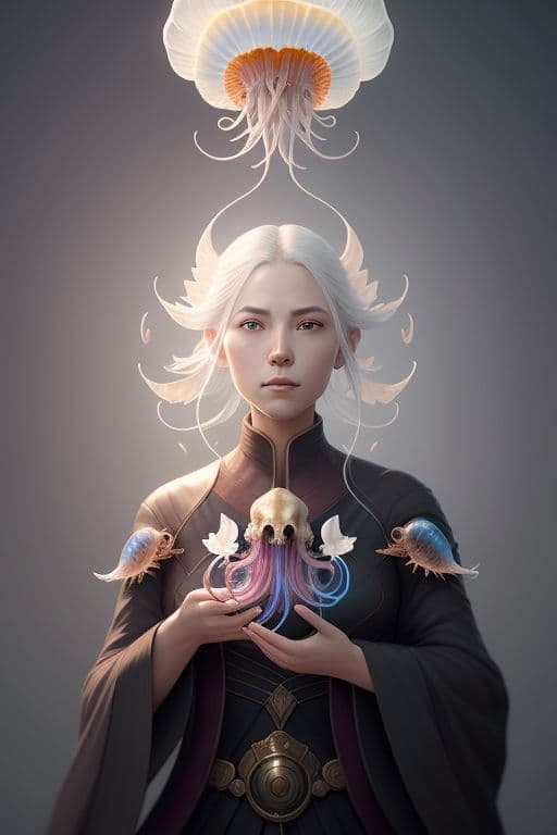 AI generated: jellyfish phoenix head, nautilus, orchid, skull, betta fish, bioluminiscent creatures, intricate art...