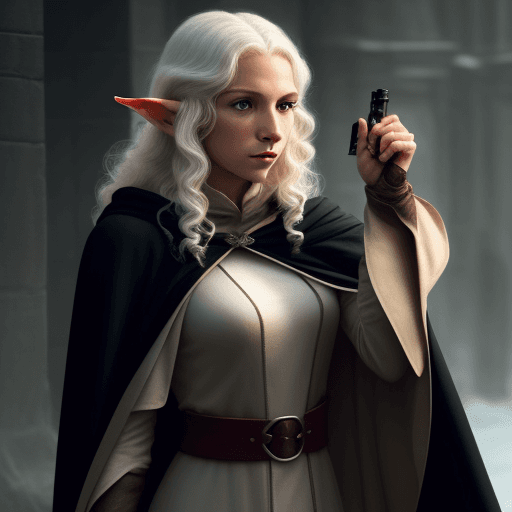 AI generated: A White curly hair elf, woman spy, with tan skin, wearing a cloak, dark, evil, assassin