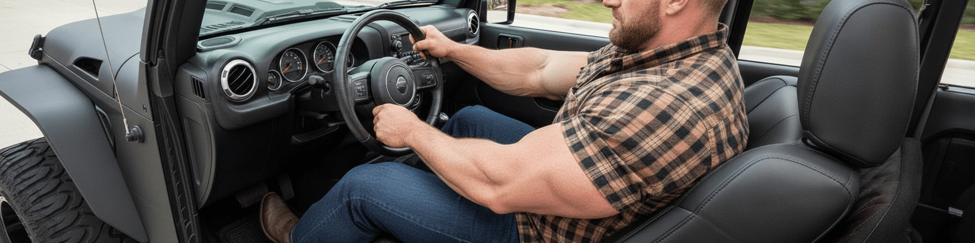 AI generated: Bodybuilder is driving a Jeep. The bodybuilder is 6'4" tall, he has huge muscular shoulders and supe...